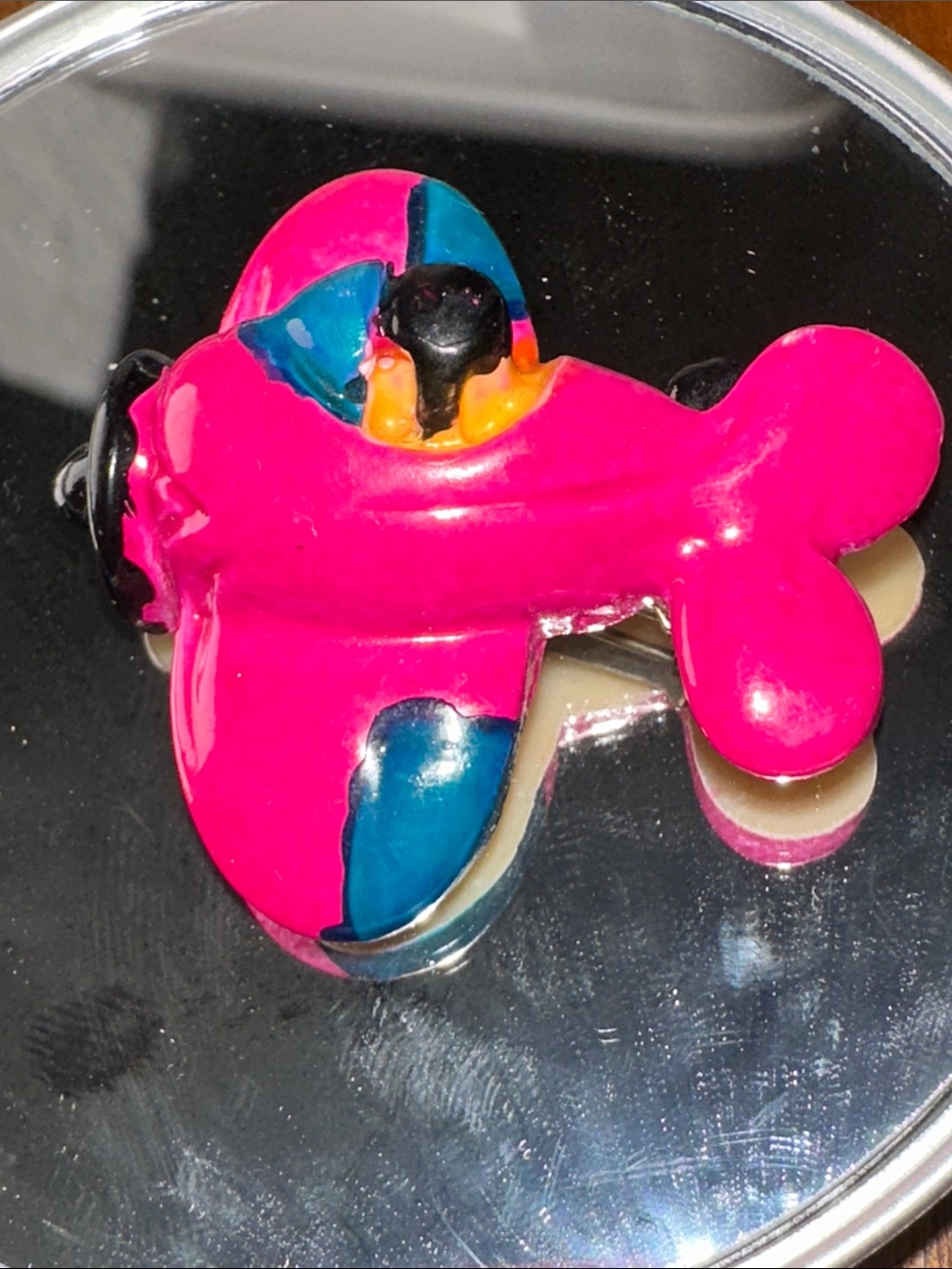 Brightly Painted Pink & Blue Plastic Resin Airplane Brooch